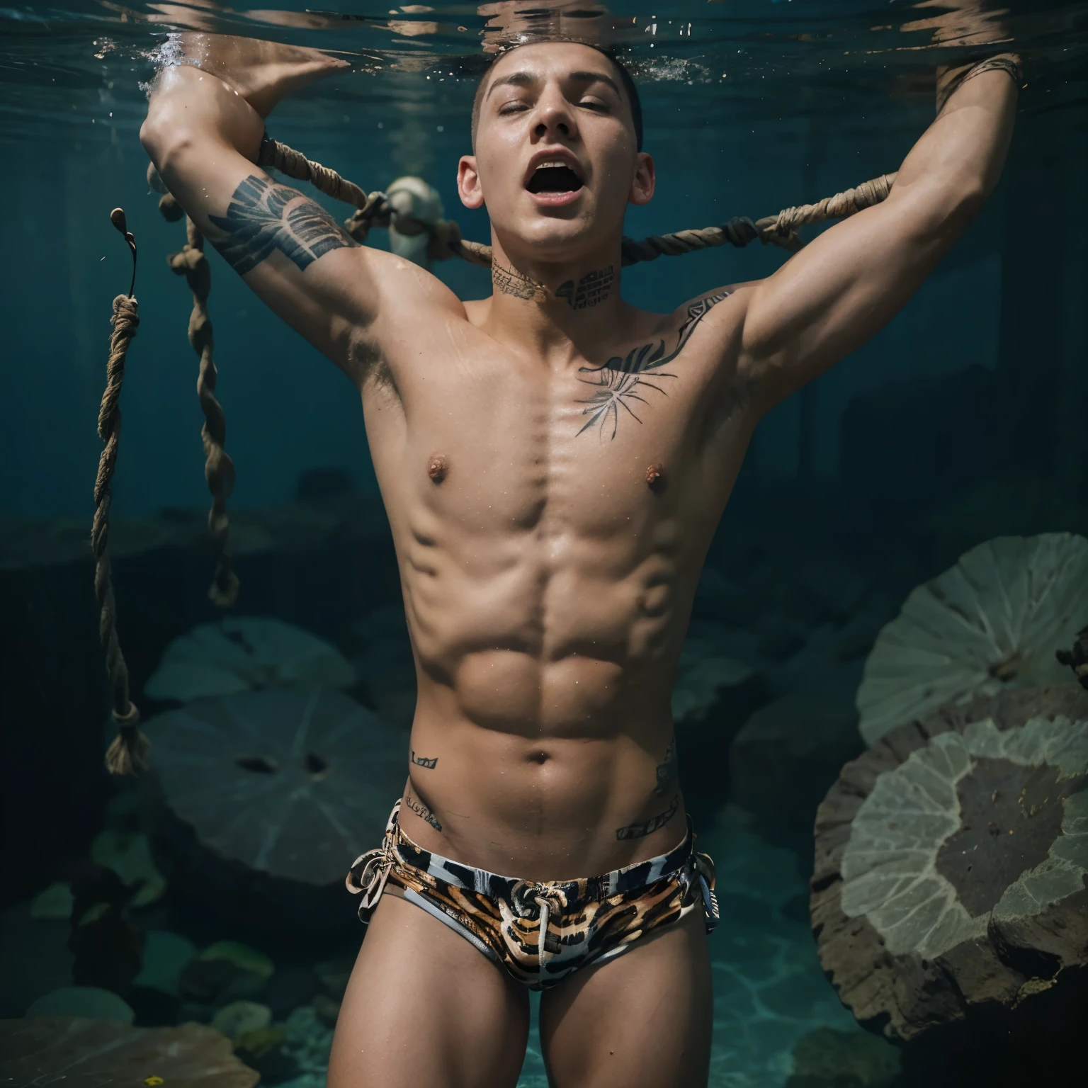 A muscular, buzzcut, tattooed age boy shirtless in animal print silk shorts, wrapped in rope, screams while sinking underwater