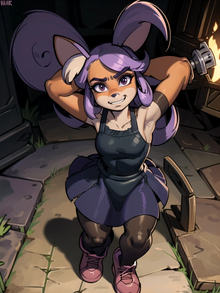 A dark anthro bandicoot girl with purple hair, wearing a dark dress, skirt, tights, and combat boots,