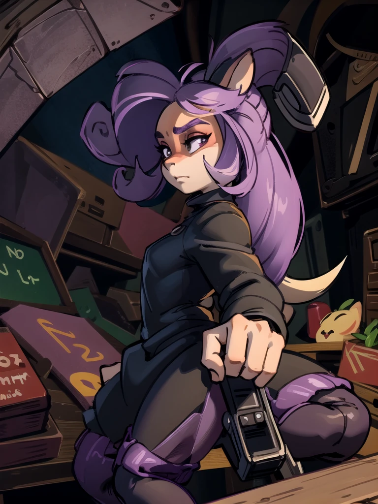 A dark anthro bandicoot girl with purple hair, wearing a dark dress, skirt, tights, and combat boots,