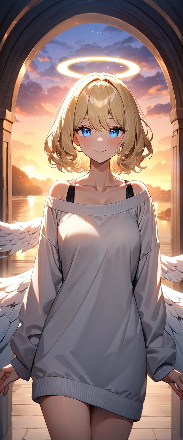 ((angel, big big white wings:1.3, halo:1.3)), (((spread arms))), (((cowboy shot))), ((flying)), archangel Uriel, ((wavy hair, outward curled hair)), evening, Sunset, ((blond hair, bob cut:1.3)), breasts, ager, (looking at viewer), oversized clothes, puffy long sleeves, collarbone, ((off-shoulder sweater dress:1.3, Quite thick shoulder straps)), (((sleeves past wrists:1.3))), ((white sweater)), collarbone, head tilt:1.3, (((blue eyes))), ((happy smile)), (((anime style))), (best quality, 4K, 8K, highres, masterpiece:1.2, ultra-detailed, ultra-detailed eyes, HDR, uhd, studio lighting, ultra-fine painting, sharp focus, physically-based rendering, extreme detail description, professional, vivid colors, bokeh), ((Highest quality, Best image quality, Ultra-high resolution, Ultra-high resolution, solo, Strong eye highlights)), Depth of written boundary, Natural soft light, attractive, Beautiful Face, Cleanliness, Pure Face, medium chest, Beautiful Face, Perfect Fingers, Perfect hands, Perfect body, Perfect Face, Shine a light into your eyes, Perfect Anatomy