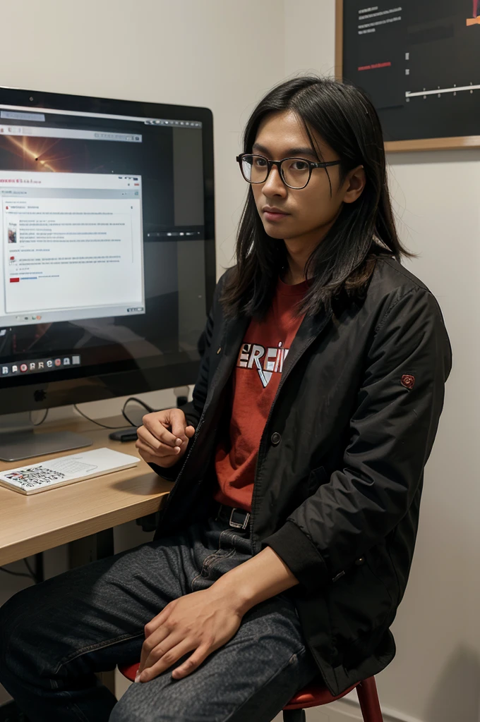 Asian , Singaporean,man,27 years , black , medium length hair, round glasses , casual clothing , red jacket, sits against the background of an office space and charts,Opposite MacBook,Realism,эпик Realism