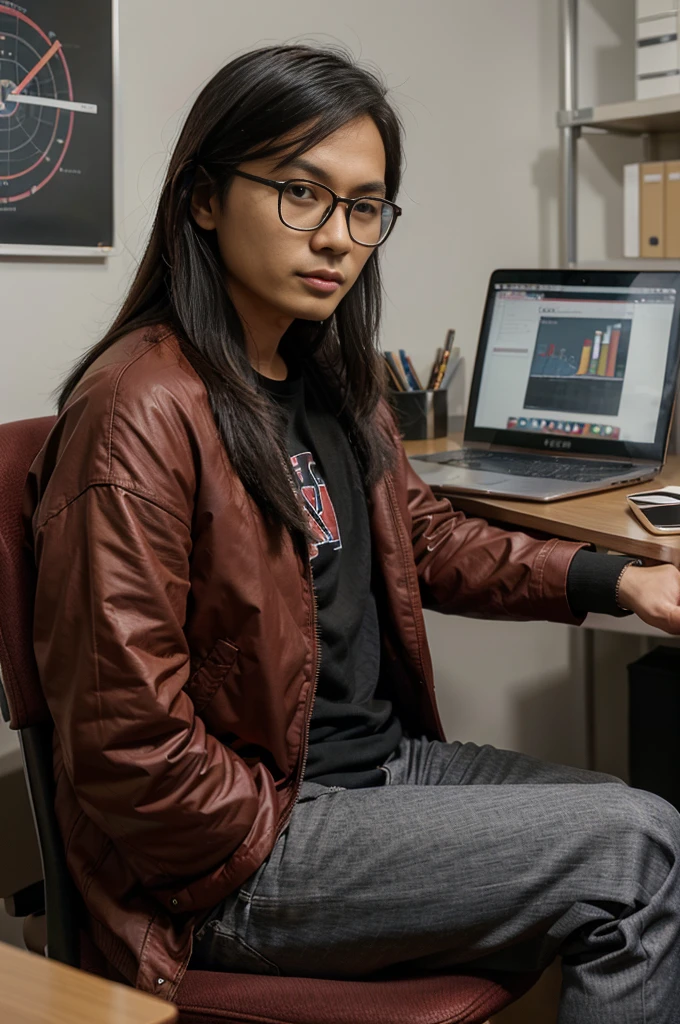 Asian , Singaporean,man,27 years , black , medium length hair, round glasses , casual clothing , red jacket, sits against the background of an office space and charts,Opposite MacBook,Realism,эпик Realism