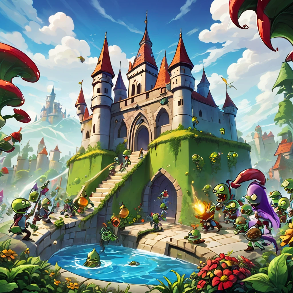 (Plants vs. Zombies), Draw a scene of a battle between plants and zombies in a graveyard at night.。Moonlight shines in the background、Creates a spooky, foggy atmosphere。The blue light creates a mysterious effect、A thrilling battle between ghostly zombies and plants。While emphasizing the horror element、Add a fantasy atmosphere。