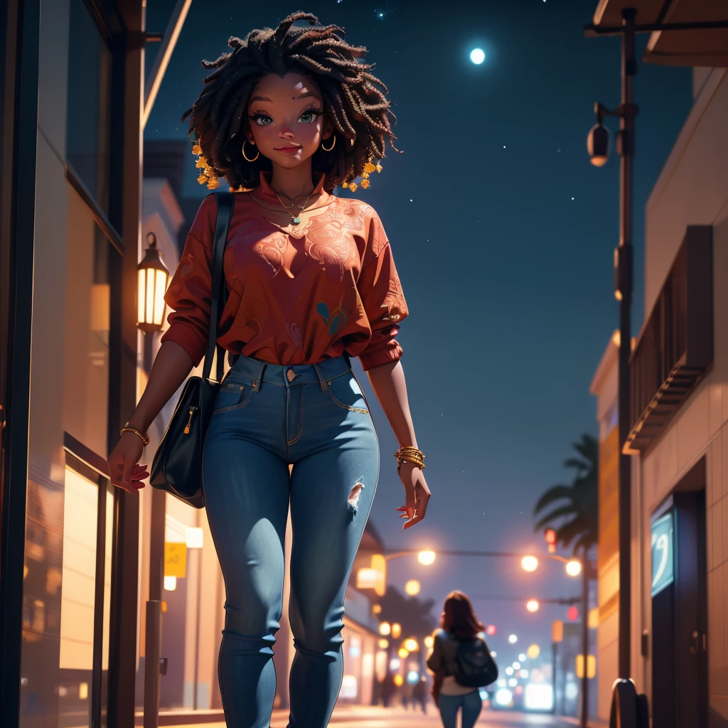 (best quality,4k,8k,highres,masterpiece:1.2),ultra-detailed, 1woman, Akan Goddess Onyame as a college student, hallebailey, West African features, Tall, Symmetrical face, smiling, looking at viewer, perfect stylish clothes, stylish jeans, Stylish blouse, Stylish purse, walking on college campus at night, bright blueish moonlight, HDR, 8k, absurdres, cinestill 800, sharp focus ((intricate detail)),(((realism))), HDR, 8k, absurdres, cinestill 800, sharp focus, add_detail:2, (solo, woman)