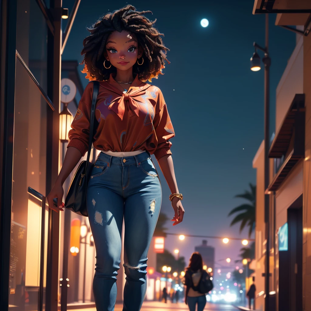 (best quality,4k,8k,highres,masterpiece:1.2),ultra-detailed, 1woman, Akan Goddess Onyame as a college student, hallebailey, West African features, Tall, Symmetrical face, smiling, looking at viewer, perfect stylish clothes, stylish jeans, Stylish blouse, Stylish purse, walking on college campus at night, bright blueish moonlight, HDR, 8k, absurdres, cinestill 800, sharp focus ((intricate detail)),(((realism))), HDR, 8k, absurdres, cinestill 800, sharp focus, add_detail:2, (solo, woman)