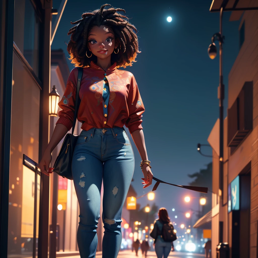 (best quality,4k,8k,highres,masterpiece:1.2),ultra-detailed, 1woman, Akan Goddess Onyame as a college student, hallebailey, West African features, Tall, Symmetrical face, smiling, looking at viewer, perfect stylish clothes, stylish jeans, Stylish blouse, Stylish purse, walking on college campus at night, bright blueish moonlight, HDR, 8k, absurdres, cinestill 800, sharp focus ((intricate detail)),(((realism))), HDR, 8k, absurdres, cinestill 800, sharp focus, add_detail:2, (solo, woman)