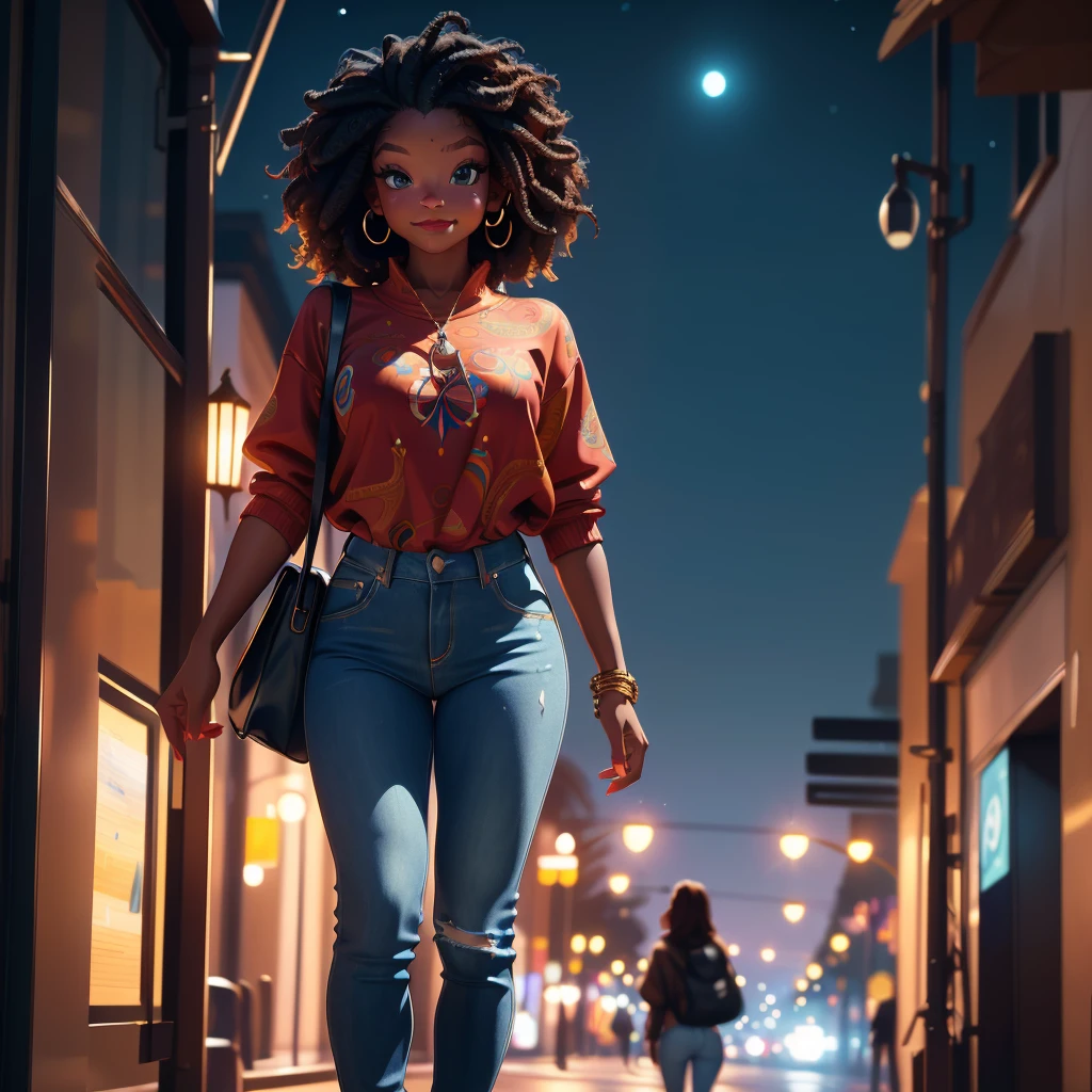 (best quality,4k,8k,highres,masterpiece:1.2),ultra-detailed, 1woman, Akan Goddess Onyame as a college student, hallebailey, West African features, Tall, Symmetrical face, smiling, looking at viewer, perfect stylish clothes, stylish jeans, Stylish blouse, Stylish purse, walking on college campus at night, bright blueish moonlight, HDR, 8k, absurdres, cinestill 800, sharp focus ((intricate detail)),(((realism))), HDR, 8k, absurdres, cinestill 800, sharp focus, add_detail:2, (solo, woman)