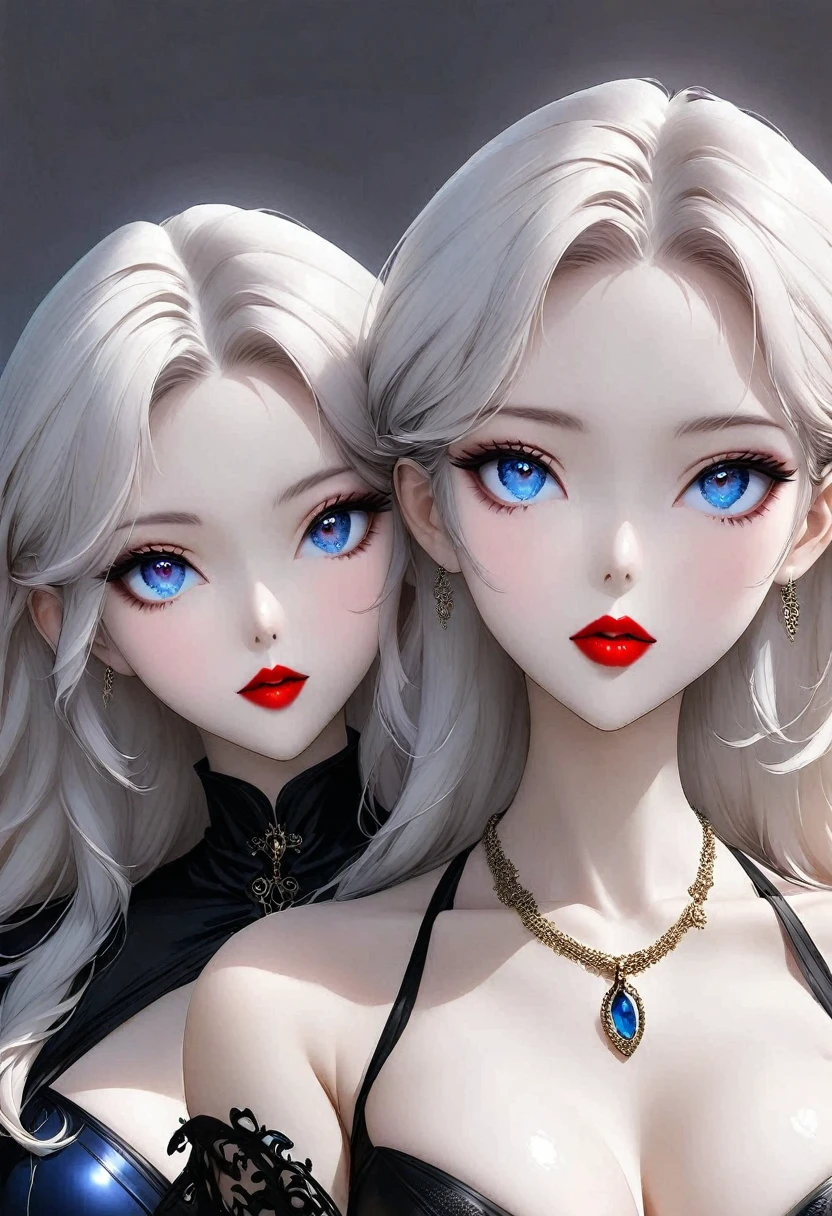 1 girl, solo, Jewel-like, White hair, Necklace, Red lips, Blue long hair, Lipstick, cosmetic, Upper part of the body, shut your mouth, 黑skirt,A little cleavage, clavicle, skirt,Dark Theme,Bad Girl,Shiny skin,(A lovely woman),Chic, Programming, nvinkpunk face close-up portrait (((inquirer))), Smooth and soft skin,blue pupils, Big and beautiful eyes, Beautiful and sophisticated hair dye, symmetry, Soft Lighting, Delicate face, Shen Haicheng, author:Stanley Artjem Liu, adequate, Ross, Concept Art, number, Looking up at the camera