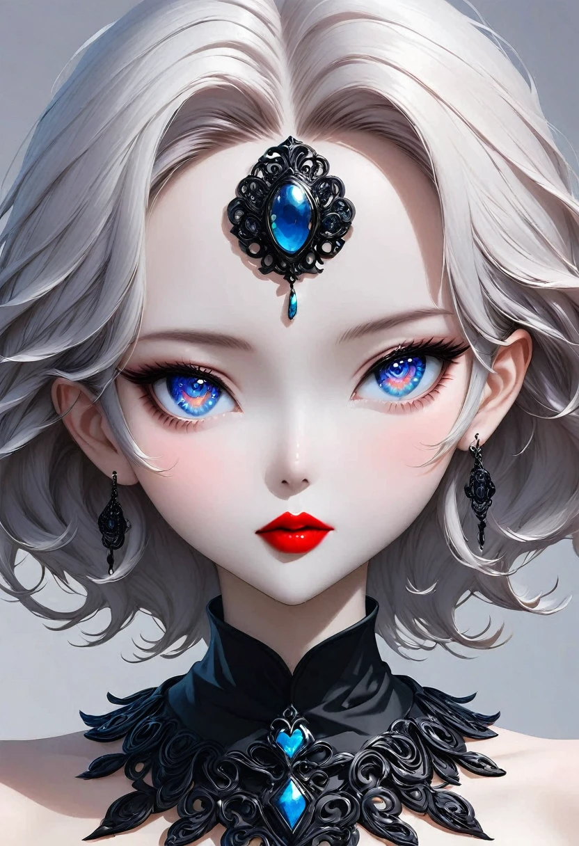 1 girl, solo, Jewel-like, White hair, Necklace, Red lips, Blue long hair, Lipstick, cosmetic, Upper part of the body, shut your mouth, 黑skirt,A little cleavage, clavicle, skirt,Dark Theme,Bad Girl,Shiny skin,(A lovely woman),Chic, Programming, nvinkpunk face close-up portrait (((inquirer))), Smooth and soft skin,blue pupils, Big and beautiful eyes, Beautiful and sophisticated hair dye, symmetry, Soft Lighting, Delicate face, Shen Haicheng, author:Stanley Artjem Liu, adequate, Ross, Concept Art, number, Looking up at the camera