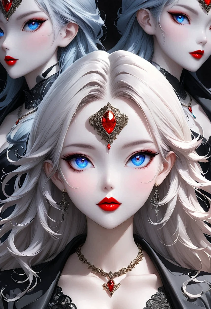 1 girl, solo, Jewel-like, White hair, Necklace, Red lips, Blue long hair, Lipstick, cosmetic, Upper part of the body, shut your mouth, 黑skirt,A little cleavage， clavicle, skirt,Dark Theme,Bad Girl,Shiny skin,(A lovely woman),Chic, Programming, nvinkpunk face close-up portrait (((inquirer))), Smooth and soft skin,blue pupils， Big and beautiful eyes, Beautiful and sophisticated hair dye, symmetry, Soft Lighting, Delicate face, Shen Haicheng, author：Stanley Artjem Liu, adequate, Ross, Concept Art, number, Looking up at the camera