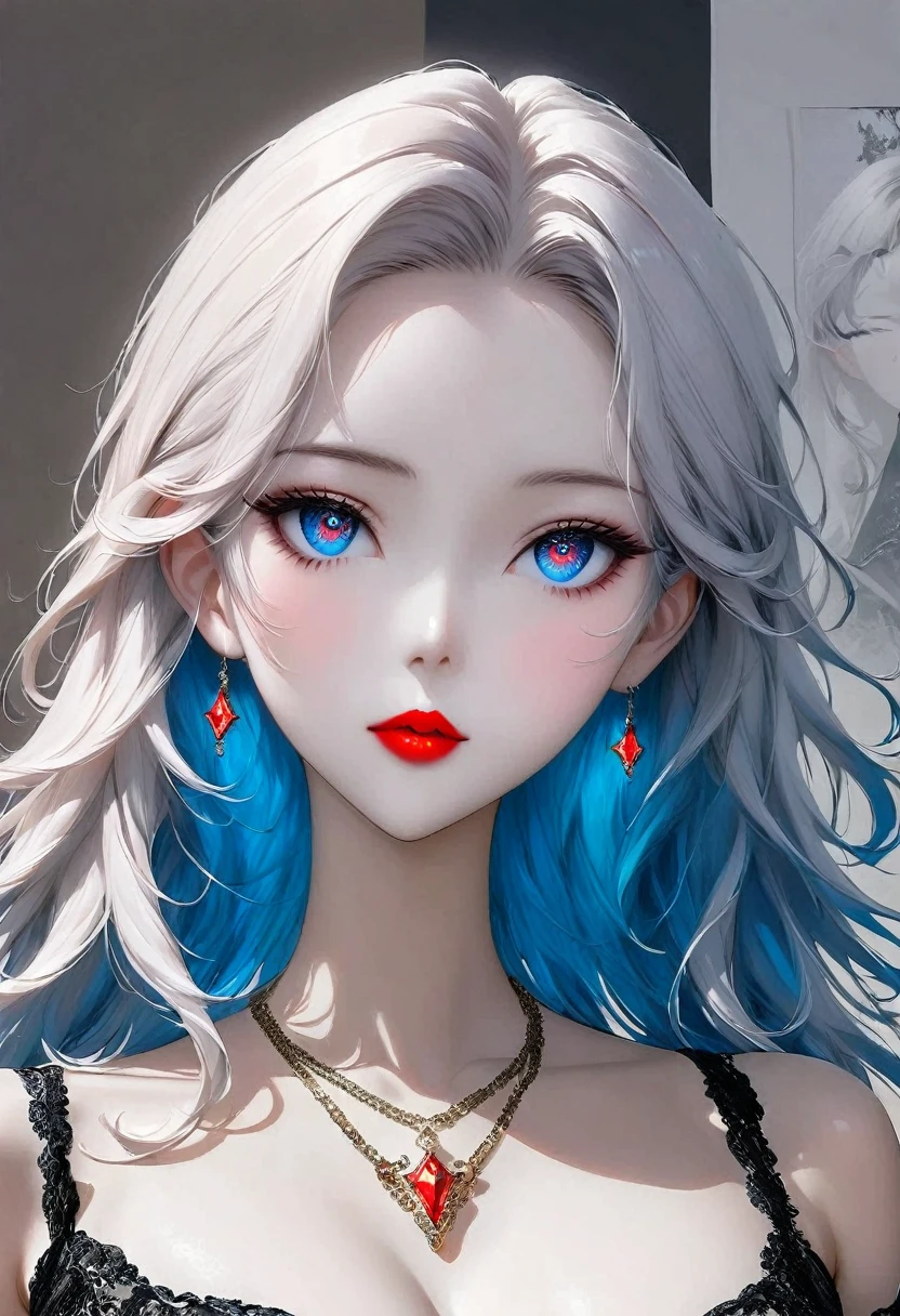 1 girl, solo, Jewel-like, White hair, Necklace, Red lips, Blue long hair, Lipstick, cosmetic, Upper part of the body, shut your mouth, 黑skirt,A little cleavage, clavicle, skirt,Dark Theme,Bad Girl,Shiny skin,(A lovely woman),Chic, Programming, nvinkpunk face close-up portrait (((inquirer))), Smooth and soft skin,blue pupils, Big and beautiful eyes, Beautiful and sophisticated hair dye, symmetry, Soft Lighting, Delicate face, Shen Haicheng, author:Stanley Artjem Liu, adequate, Ross, Concept Art, number, Looking up at the camera