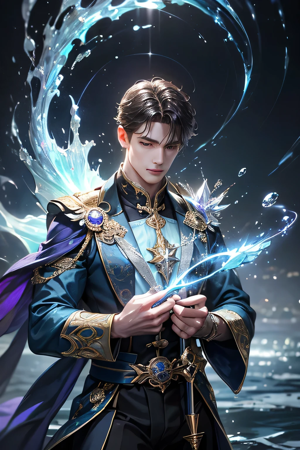 "Create an ultra-realistic image of a handsome, male fairy, around 43 years old. He should be holding a magical staff that emanates the energy of the water. Dress him in an elegant, varied violet outfit that reflects the brilliance and dynamism of the water. Surround him with elements like swirling clouds and flashes of lightning to showcase his connection to these elements. Include a distinct water symbol or design on his body, signifying his role as the keeper of the deep water, and highlighting the powerful celestial energy he embodies within him."