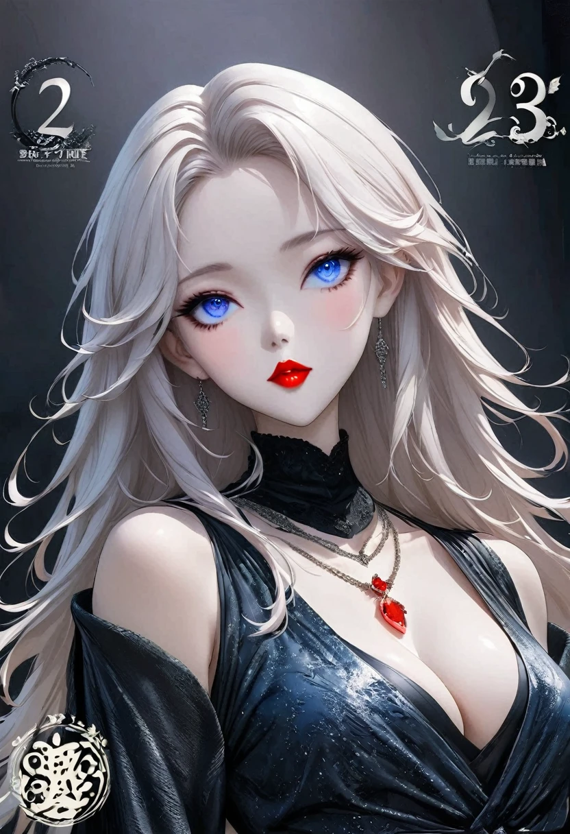 1 girl, solo, Jewel-like, White hair, Necklace, Red lips, Blue long hair, Lipstick, cosmetic, Upper part of the body, shut your mouth, 黑skirt,A little cleavage, clavicle, skirt,Dark Theme,Bad Girl,Shiny skin,(A lovely woman),Chic, Programming, nvinkpunk face close-up portrait (((inquirer))), Smooth and soft skin,blue pupils, Big and beautiful eyes, Beautiful and sophisticated hair dye, symmetry, Soft Lighting, Delicate face, Shen Haicheng, author:Stanley Artjem Liu, adequate, Ross, Concept Art, number, Looking up at the camera