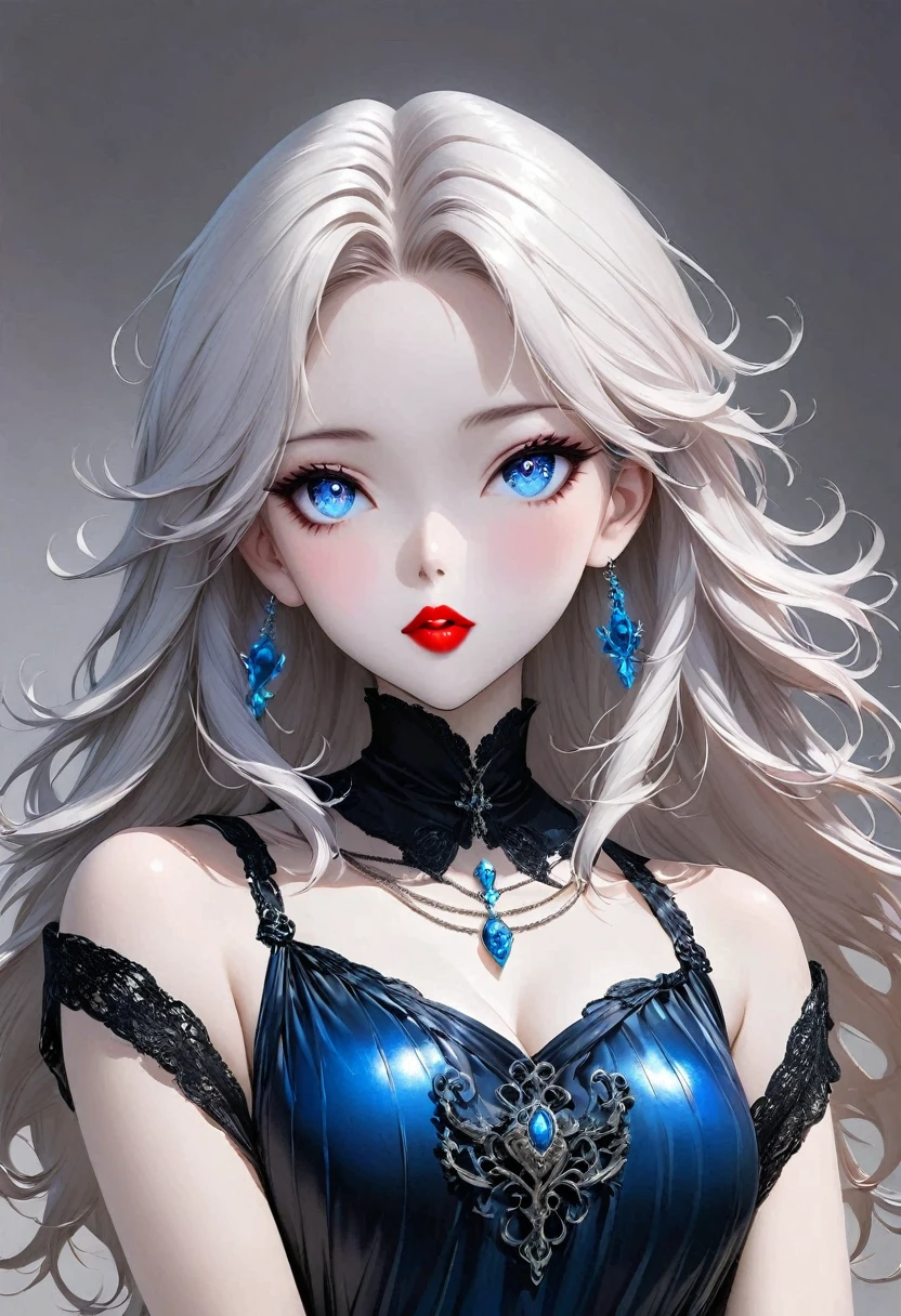 1 girl, solo, Jewel-like, White hair, Necklace, Red lips, Blue long hair, Lipstick, cosmetic, Upper part of the body, shut your mouth, 黑skirt,A little cleavage, clavicle, skirt,Dark Theme,Bad Girl,Shiny skin,(A lovely woman),Chic, Programming, nvinkpunk face close-up portrait (((inquirer))), Smooth and soft skin,blue pupils, Big and beautiful eyes, Beautiful and sophisticated hair dye, symmetry, Soft Lighting, Delicate face, Shen Haicheng, author:Stanley Artjem Liu, adequate, Ross, Concept Art, number, Looking up at the camera