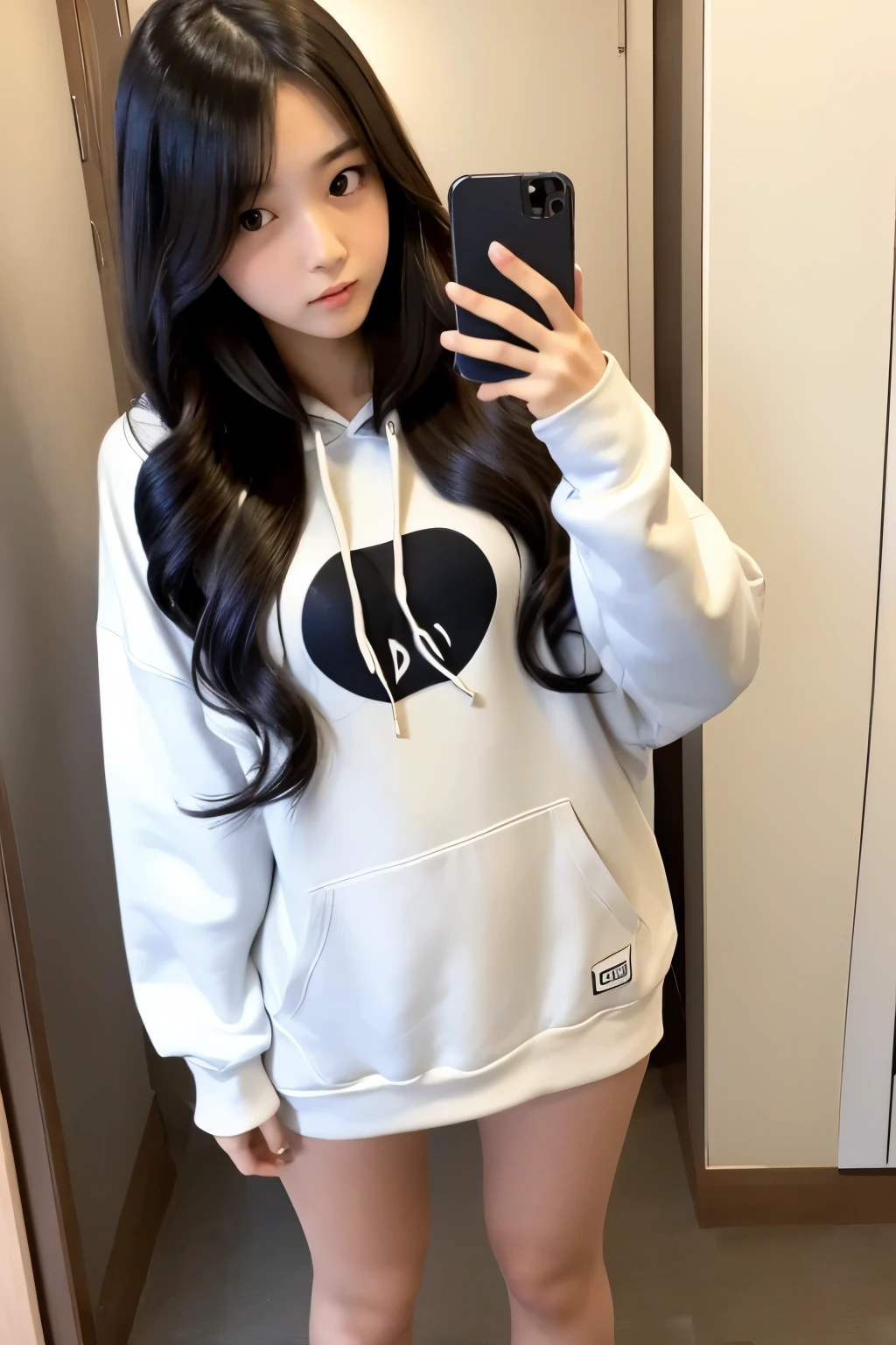 A selfie of a cute, pretty, innocent japanese  girl, long wavy black hair, medium chest, curvy ass, skinny, long legs, wearing oversized hoodie, pouting