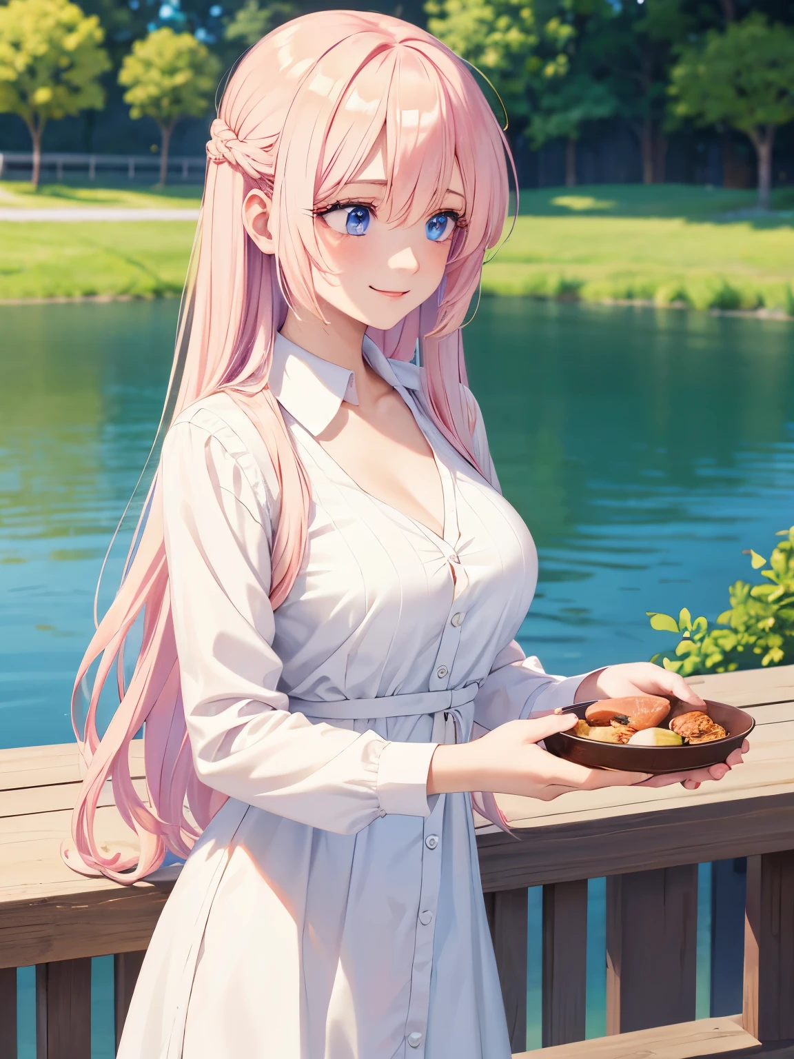 1woman,Cooking by the lake, looking away,smile,,Beautiful makeup, long eyelashes,early in the morning,stunning,half body photo, very detailed face,cute,,HD face, perfect face,Short white dress, pink cardigan,very big breasts,Blonde hair,blonde hair,blonde,bangs,long hair, straight hair,ultra detail,ultra Hd, masterpiece,4k
