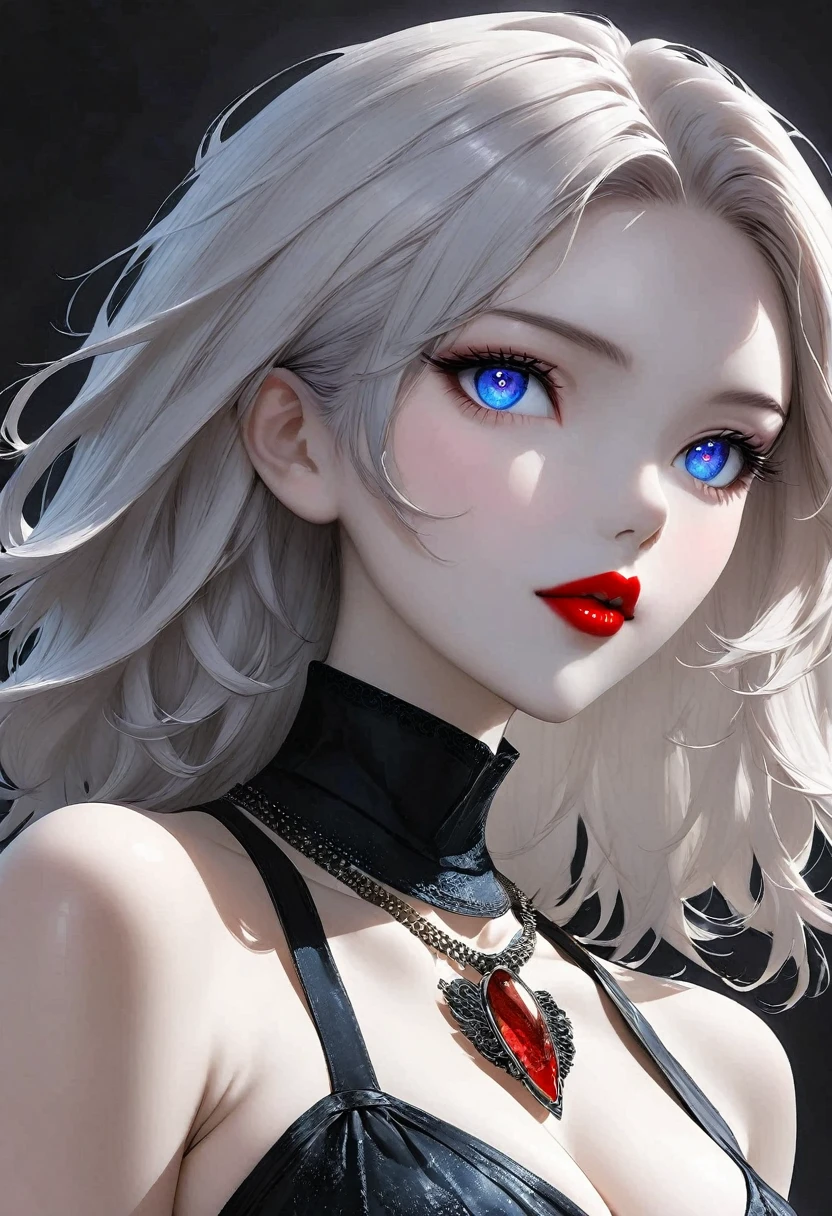 1 girl, solo, Jewel-like, White hair, Necklace, Red lips, Blue long hair, Lipstick, cosmetic, Upper part of the body, shut your mouth, 黑skirt,A little cleavage, clavicle, skirt,Dark Theme,Bad Girl,Shiny skin,(A lovely woman),Chic, Programming, nvinkpunk face close-up portrait (((inquirer))), Smooth and soft skin,blue pupils, Big and beautiful eyes, Beautiful and sophisticated hair dye, symmetry, Soft Lighting, Delicate face, Shen Haicheng, author:Stanley Artjem Liu, adequate, Ross, Concept Art, number, Looking up at the camera