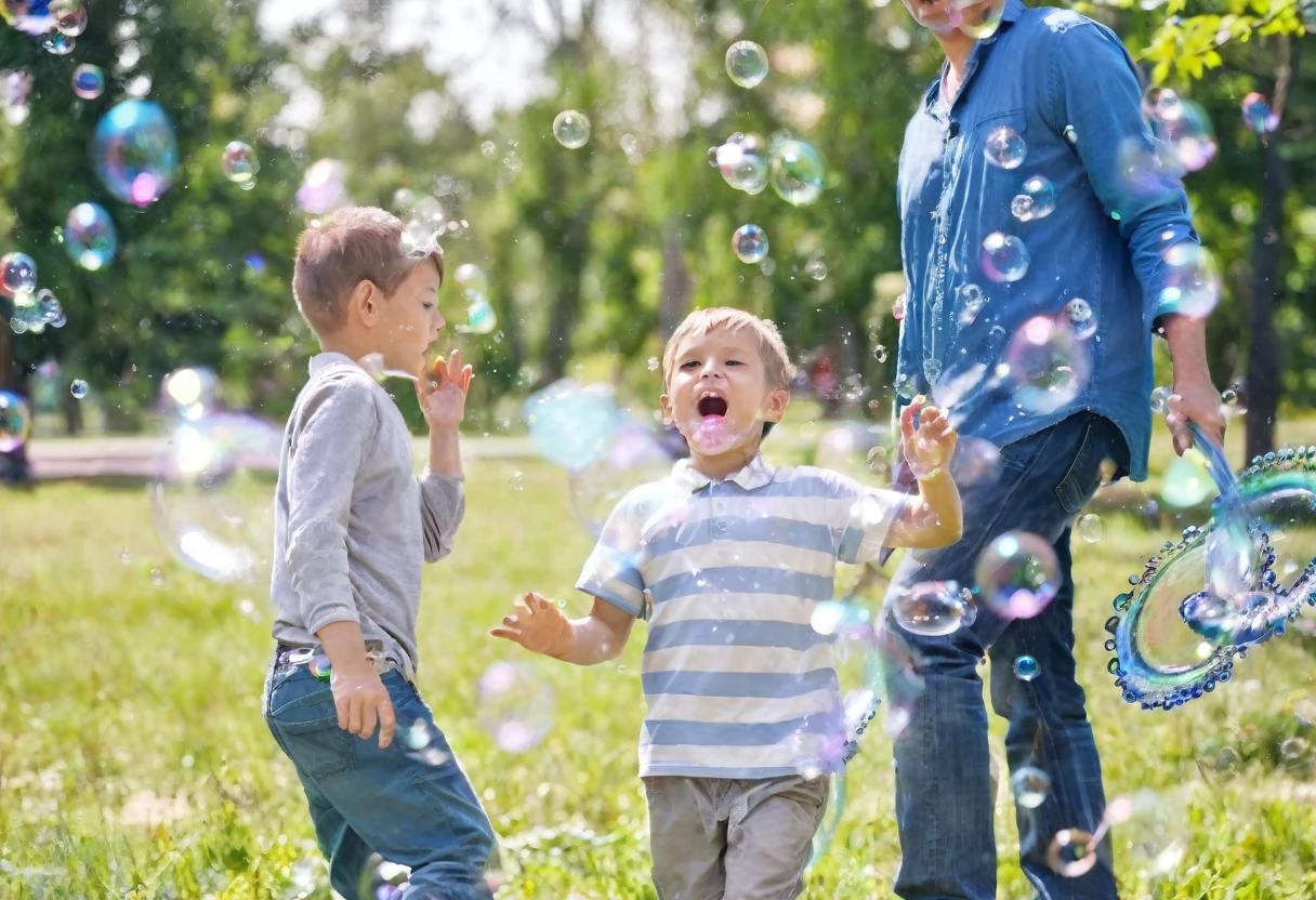 there are two boys and a man playing with bubble in the park, bubble in the air, lots of bubble, soap bubble, bubble, bubble everywhere, Have a great time, bubble of the impossible, foamy bubble, huge bubble, Children playing, Have a great time, shutter, explosive bubble, air bubble, Warm and convivial atmosphere, escaping air bubble