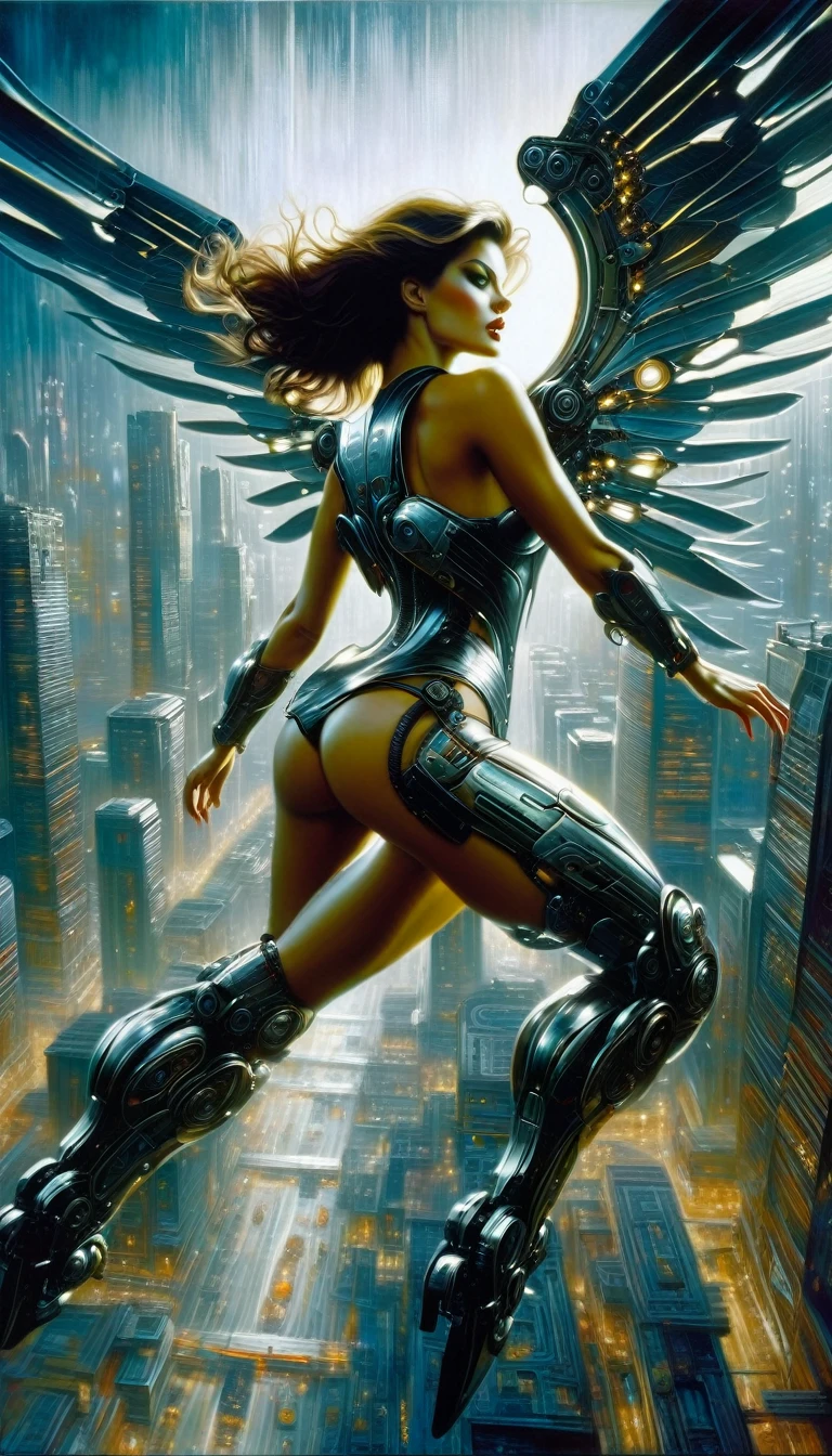 a very sexy woman with metal wings, mechanical wings, flying over an impressive futuristic city, oil painting, intricate mechanical details, dramatic lighting, moody colors, cinematic composition, chiaroscuro, Bill Sienkiewicz inspired, high quality, award winning, photorealistic, 4k, 8k, ultra-detailed, masterpiece, cinematic