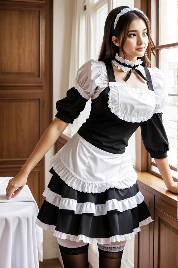 maid uniform, frilly white apron, black thigh-high stockings, a black choker
