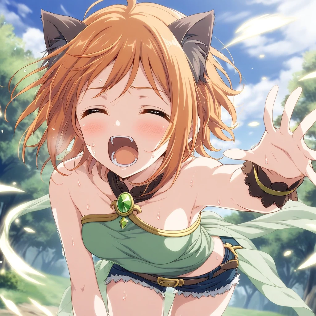 1girl, princess_connect! hiyori_(princess_connect!), cat girl, short hair, orange hair, cat ears, small breasts, short shorts, sweat, open mouth, (yawn:0.3), sleepily, outdoors, wind,