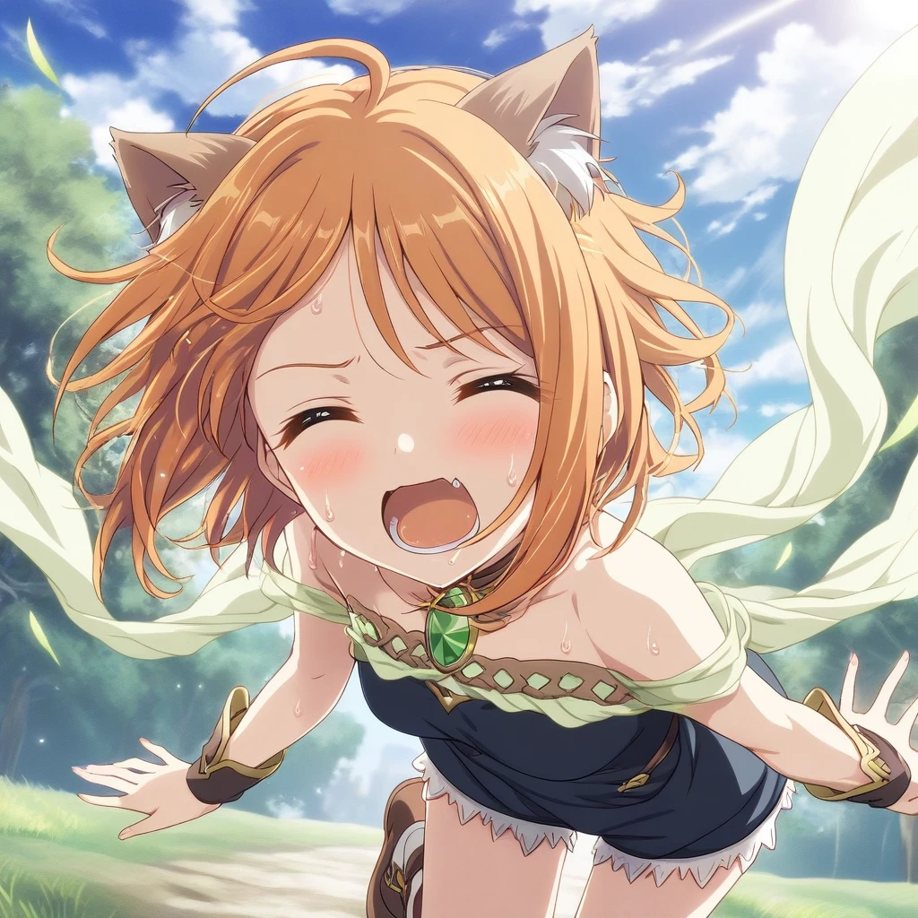 1girl, princess_connect! hiyori_(princess_connect!), cat girl, short hair, orange hair, cat ears, small breasts, short shorts, sweat, open mouth, (yawn:0.3), sleepily, outdoors, wind,