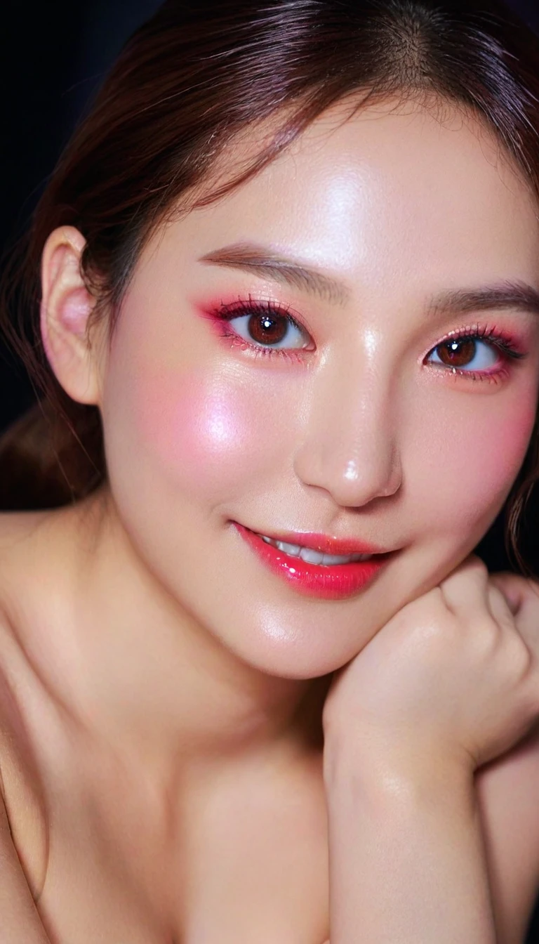 Ultra-realistic movie master pie with ultra-detailed primetime portraits, high quality, 8K, table top, Ultra HD), 1 girl 40 years old、nude supermodel, ((Random style and color hair)), masterpiece, high quality, high quality, High resolution、(close up of face), black_mascara put in Long eyelashes:1.5, dark (eyesshadows:1.35), (Glossy) red_lips:1.24, ((brown_eyes)), (iridescent eyes), vibrant eyes:1.35, high contrast, dark shot:1.5, (seductive smile), ((pink_makeup cheeks:1.2))