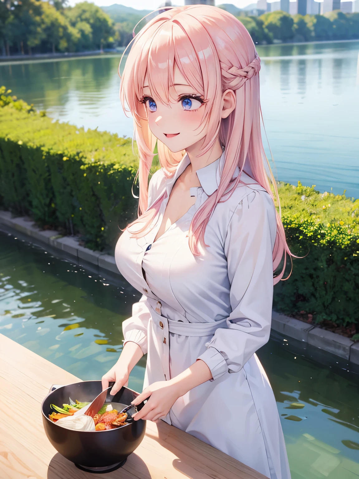 1woman,Cooking by the lake, looking away,smile,,Beautiful makeup, long eyelashes,early in the morning,stunning,half body photo, very detailed face,cute,,HD face, perfect face,Short white dress, pink cardigan,very big breasts,Blonde hair,blonde hair,blonde,bangs,long hair, straight hair,ultra detail,ultra Hd, masterpiece,4k