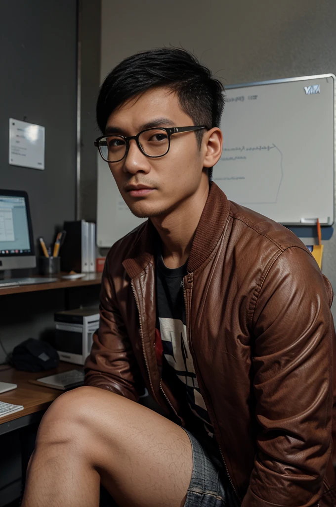 Asian , Singaporean,man,27 years , black , short crop haircut, round glasses , casual clothing , red jacket, sits against the background of an office space and charts,Opposite MacBook,Realism,эпик Realism