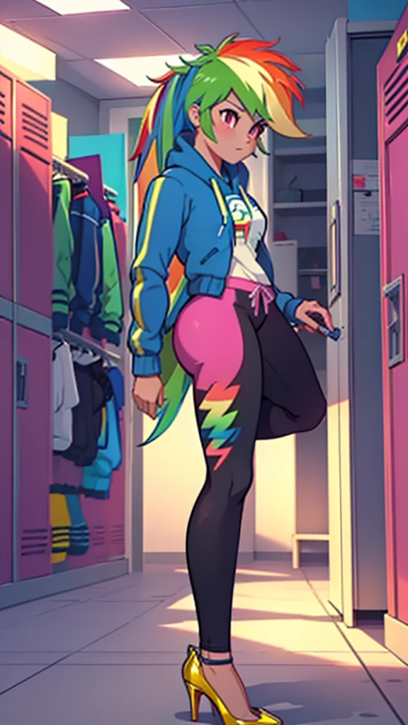 best quality, high quality, a cute girl, solo, rainbow dash, hoodie, spandex pants, thick thighs, ((open-toe high heels, visible feet, highly detailed feet)), locker room, 4k, masterpiece, high-resolution 