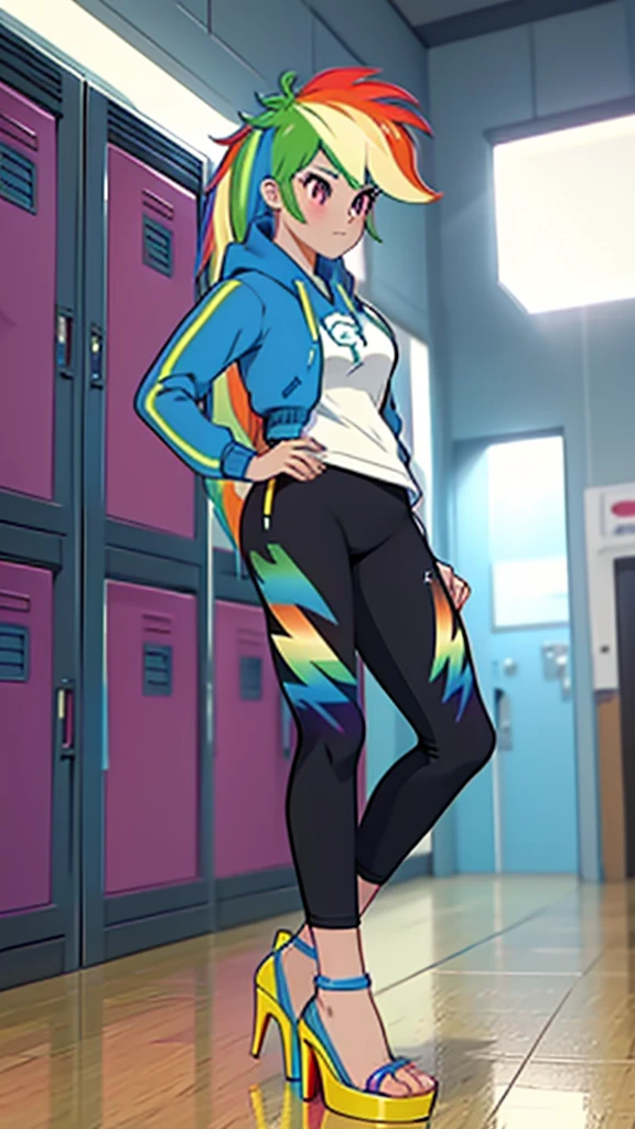 best quality, high quality, a cute girl, solo, rainbow dash, hoodie, spandex pants, thick thighs, ((open-toe high heels, visible feet, highly detailed feet)), locker room, 4k, masterpiece, high-resolution 