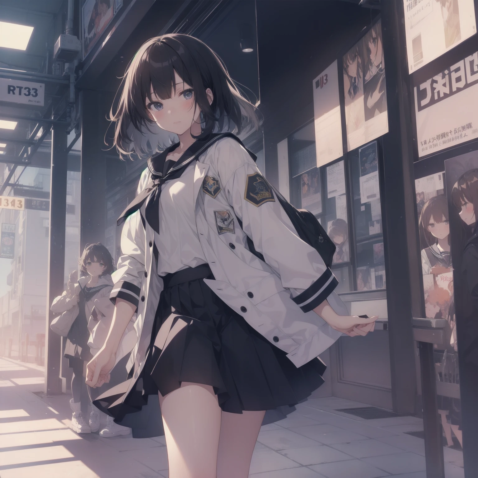 ultra-absurdres-Top quality by artist God, ultra-detailed, high resolution, anime moe artstyle, best anime 8k konachan wallpaper, pixiv contest winner, pool:2810, perfect anatomy,break, 1girl, (Please draw a girl walking sleepily to school alone. )break,(Solo,little female, 13-year-old:1.3),Full limbs, complete fingers,a junior high school student, (very short hair), short cut, flat chest, , small butt, small black eyes, beautiful detailed eyes, well-proportioned iris and pupils, expressive eyes, highres detailed hair, soft expression, salor school_uniform, sailor collar, serahuku, bow, pleated skirt,(Detailed Lighting), (Detailed background), in the School commute route. break,super detailed skin, Best cinematic lighting powered by famous artist, 8k,beauty illustration,photoshop_(medium),very aesthetic,break,((artist:mochi_au_lait )), artist:clamp ,artist:carnelian ,artist:kantoku ,
