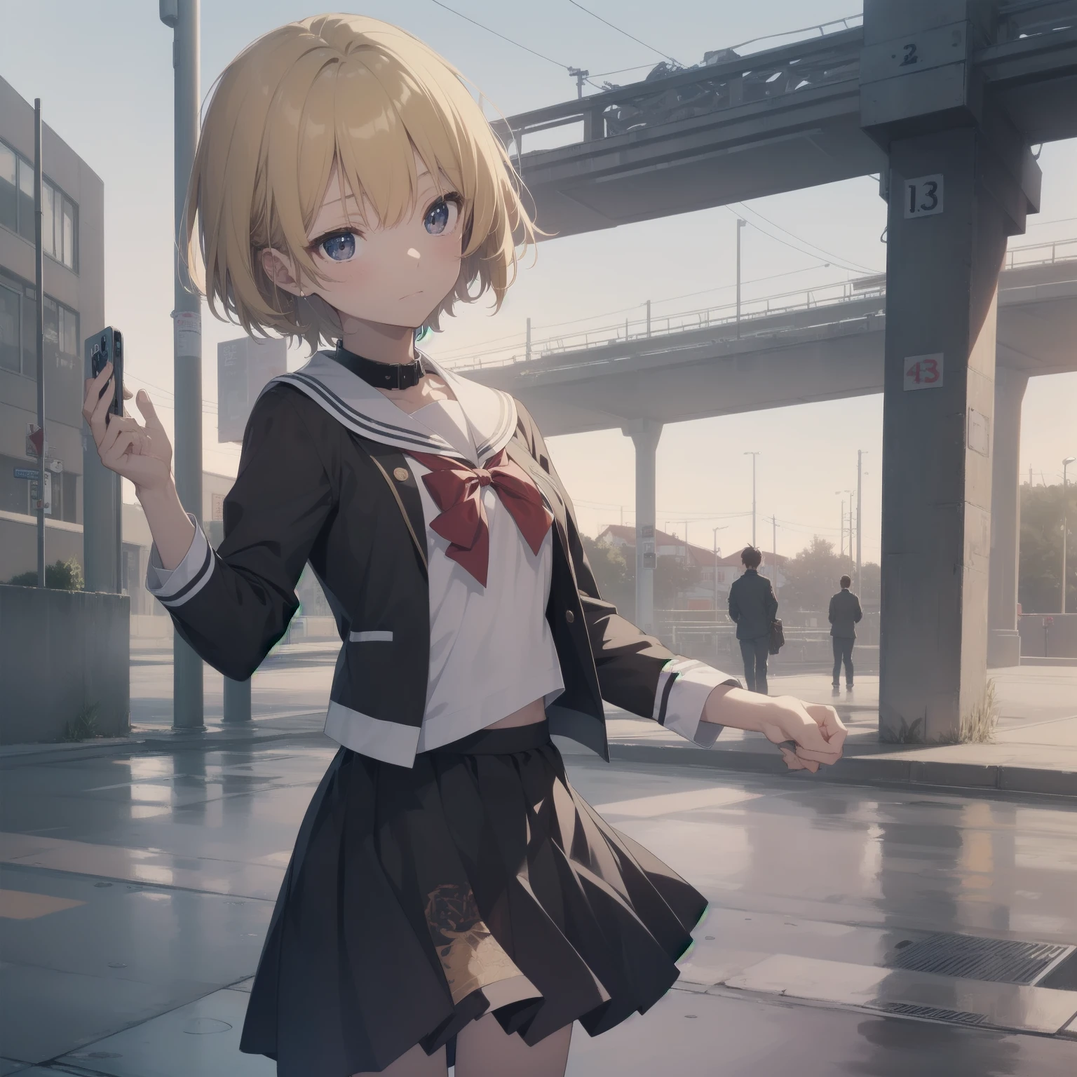 ultra-absurdres-Top quality by artist God, ultra-detailed, high resolution, anime moe artstyle, best anime 8k konachan wallpaper, pixiv contest winner, pool:2810, perfect ???????,break, 1girl, (Please draw a girl walking sleepily to school alone. )break,(Solo,little female, 13-year-old:1.3),Full limbs, complete fingers,a junior high school student, (very short hair), short cut, flat chest, , small butt, small black eyes, beautiful detailed eyes, well-proportioned iris and pupils, expressive eyes, highres detailed hair, soft expression, salor school_uniform, sailor collar, serahuku, bow, pleated skirt,(Detailed Lighting), (Detailed background), in the School commute route. break,super detailed skin, Best cinematic lighting powered by famous artist, 8k,beauty illustration,photoshop_(medium),very aesthetic,break,((artist:mochi_au_lait )), artist:clamp ,artist:carnelian ,artist:kantoku ,
