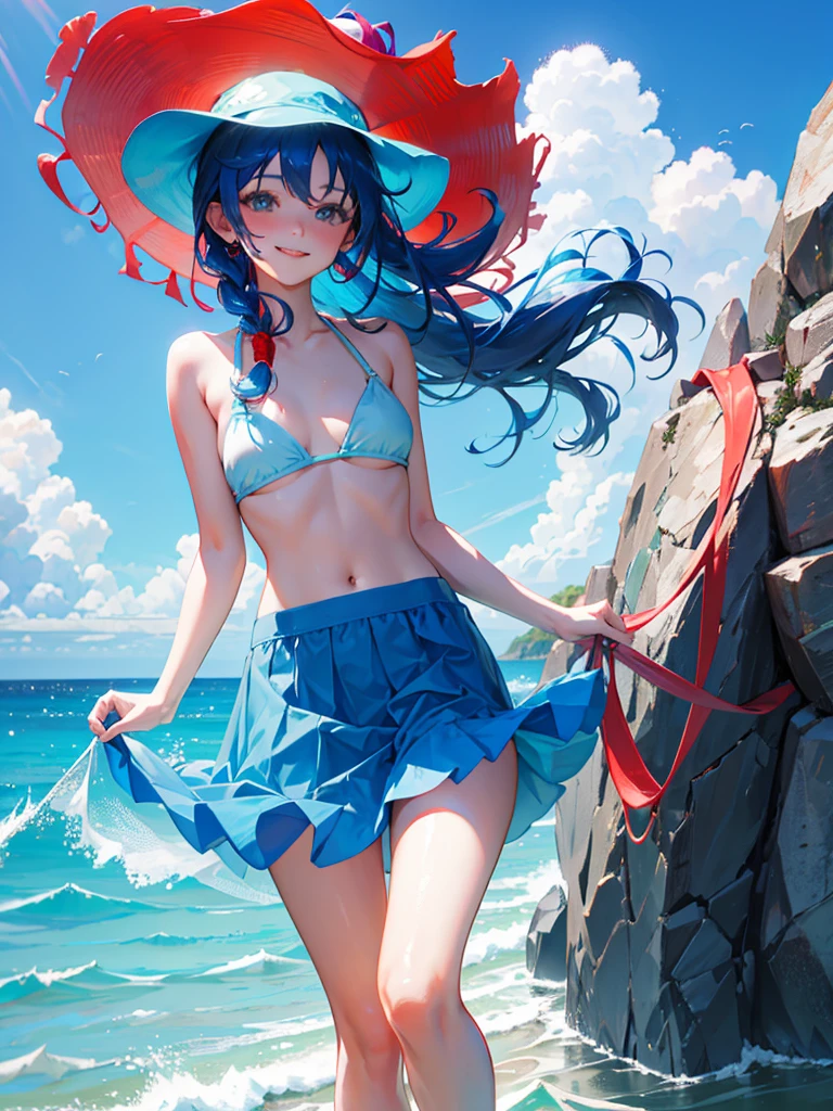 sea,blue gradation long skirt,blue bikini,super long braid,red hair,smile,windy,bucket Hat