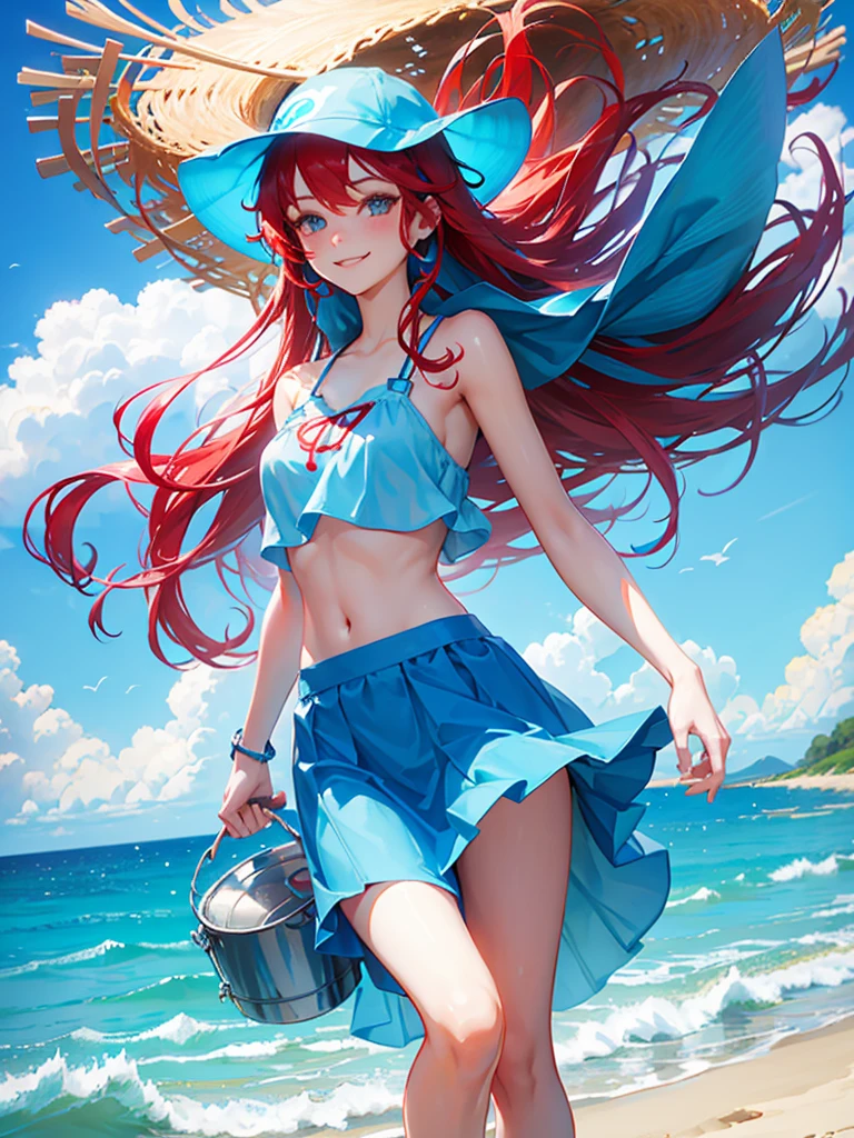 sea，blue gradation long skirt，blue bikini，super long braid，red hair，smile，windy，bucket Hat