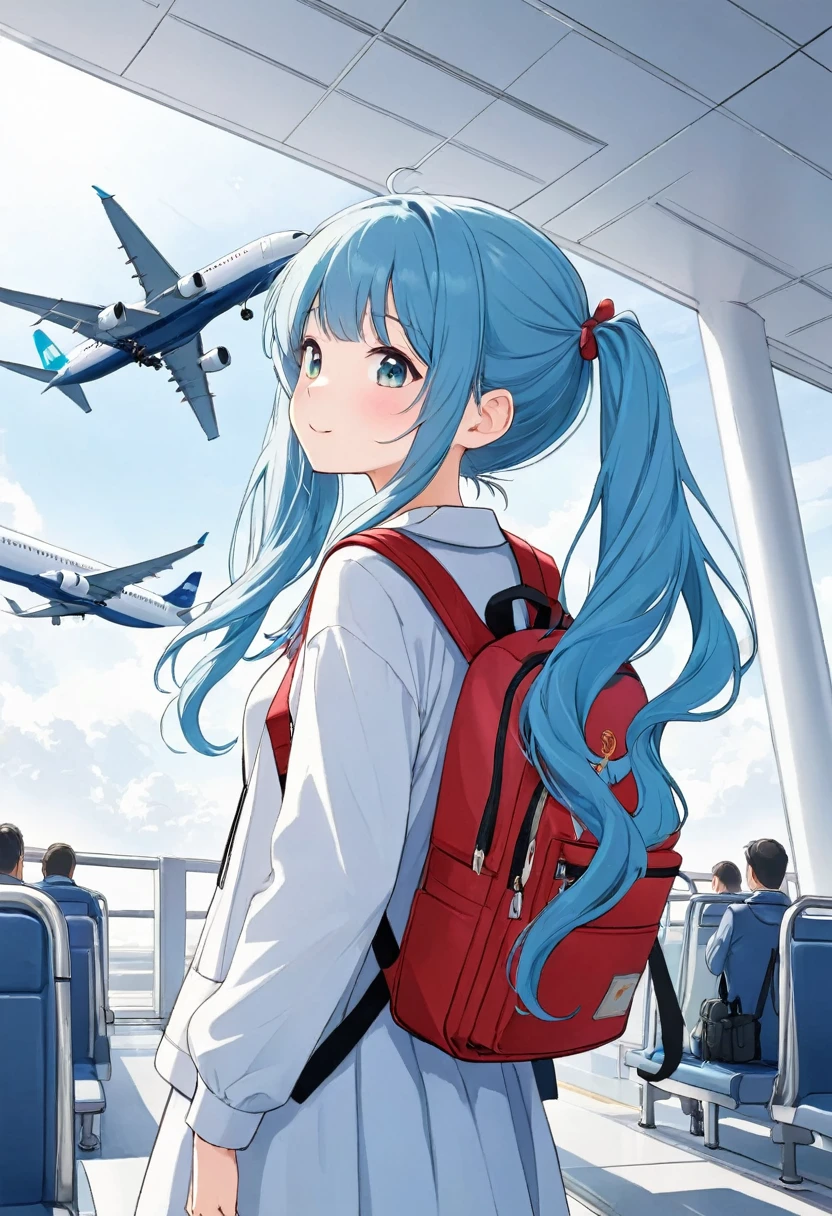 Girl with backpack at airport，Light blue long hair、Twin tails 、My backpack is full of happy spring，Gazing at the large passenger aircraft、Simple lineinimalism，Abstraction，Lots of white space、