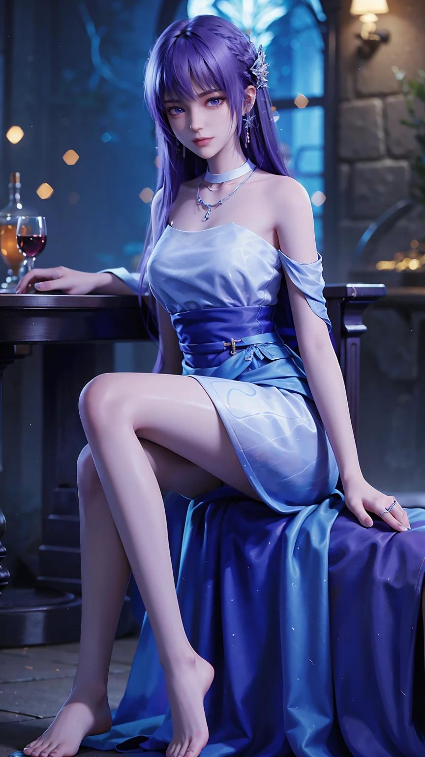 ((Shot in the knee)), ((From below)),A young girl, Wearing a skirt，At the bar, sit on the chair, Cross your legs, Posing elegantly, Detailed scenario, Messy long hair, Purple Hair, Light makeup, Blush Blush, Beautiful slender legs, (Very high color saturation), details, Ultra Detailed, (masterpiece, Best quality), (Extremely exquisite and beautiful work), Delicate earrings, Exquisite necklace, Simple blur background, Extremely detailed description, Super Fine, Delicate face, slim body, Thin waist, (Grin), (Anatomically correct)，whole body，barefoot