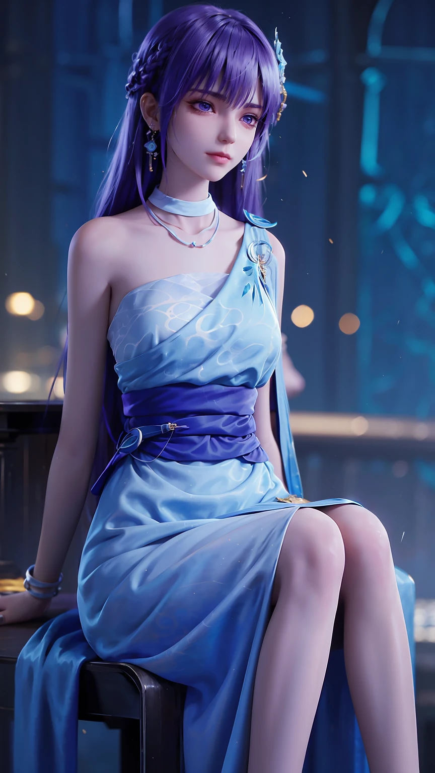 ((Shot in the knee)), ((From below)),A young girl, Wearing a skirt,At the bar, sit on the chair, Cross your legs, Posing elegantly, Detailed scenario, Messy long hair, Purple Hair, Light makeup, Blush Blush, Beautiful slender legs, (Very high color saturation), details, Ultra Detailed, (masterpiece, Best quality), (Extremely exquisite and beautiful work), Delicate earrings, Exquisite necklace, Simple blur background, Extremely detailed description, Super Fine, Delicate face, slim body, Thin waist, (Grin), (Anatomically correct),whole body,barefoot