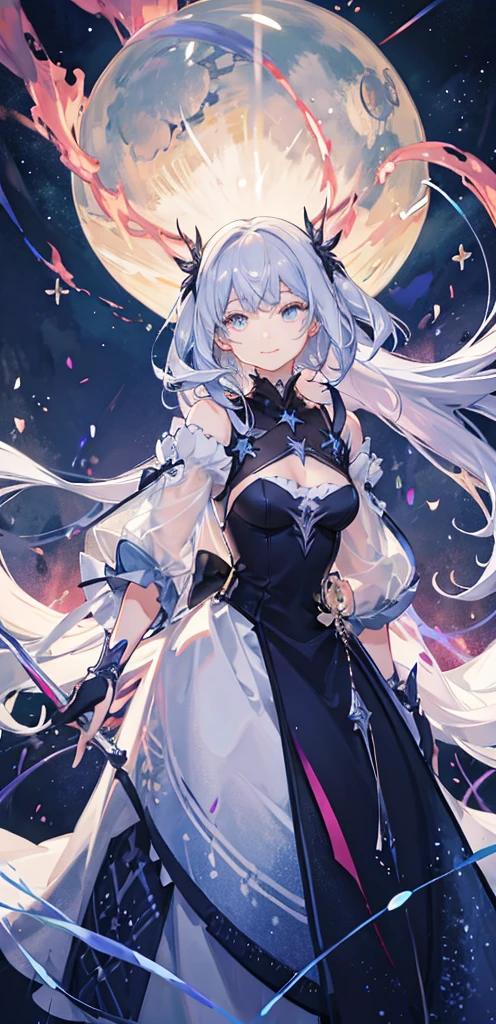 (ether colorful ink flowing:1.3)(((masterpiece))),(((best quality))),((ultra-detailed)),(illustration),((extremely delicate and beautiful)), dynamic angle, floating,(beautiful detailed eyes),(detailed light), floating_hair, glowing eyes, blue background, plants, sky, cloud, smile, pink theme, irises and pupils are rounded, the pupilreflects the surroundings, eyes are not thesame size, watery eyes, glow stars and black hole in background, glow stars, stars