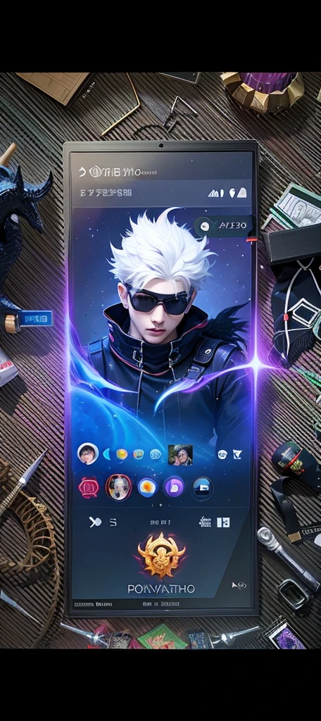 boy with purple hair and red shirt holding a purple ball, Masterpiece, ultra HD, detailed all picture, a close up of a devil, dyrroth from mobile legend, evil, extremely detailed artgerm, mobile legends character, inspired by Dyrroth, Six pack chest and abs, black jewel above the chest, red eyes, glare.
