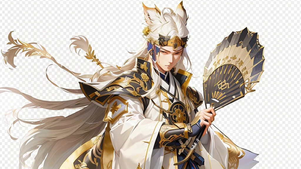 Close-up of a man holding a fan and a sword, picture of a male Priest, Genshin Impact impact character, keqing from Genshin Impact impact, Things, Priest, zhongli from Genshin Impact impact, Casimir Art, Onmyoji Portrait, Genshin Impact, Taisho Rome, Elaborate white and gold armor, Detailed key animation art, From Arknights