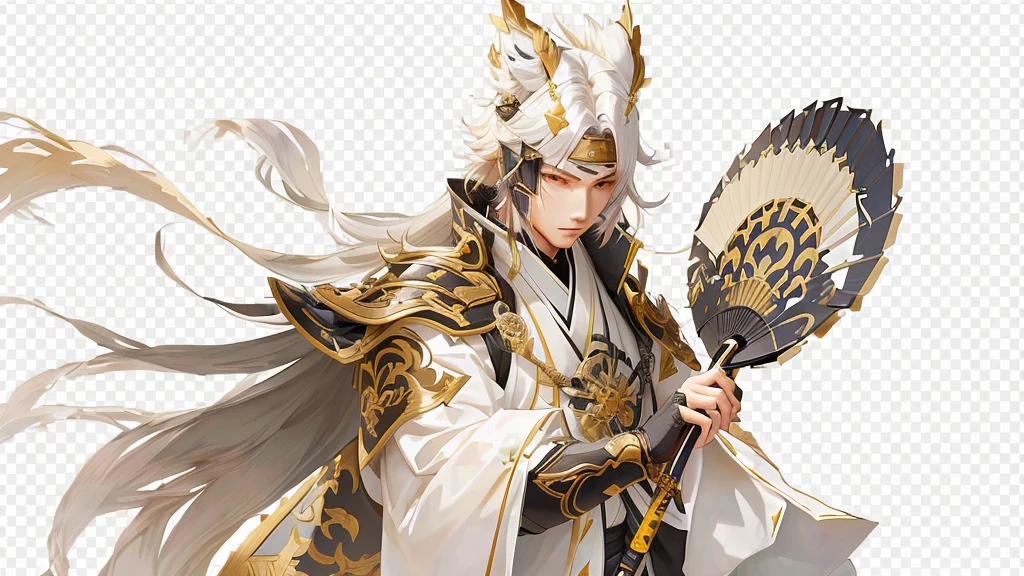 Close-up of a man holding a fan and a sword, picture of a male Priest, Genshin Impact impact character, keqing from Genshin Impact impact, Things, Priest, zhongli from Genshin Impact impact, Casimir Art, Onmyoji Portrait, Genshin Impact, Taisho Rome, Elaborate white and gold armor, Detailed key animation art, From Arknights
