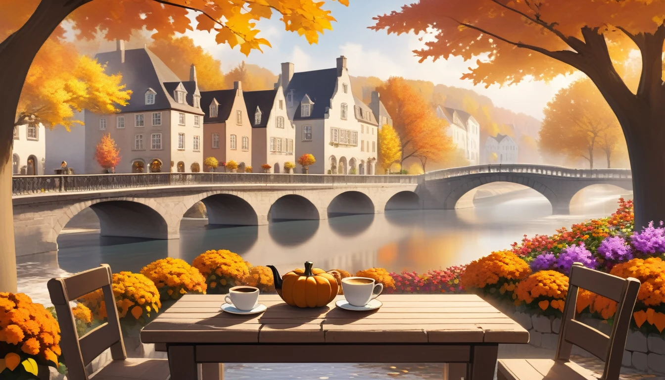 A serene autumn scene in a European town. The setting includes a stone bridge arching over a calm river, with classic architecture lining the banks. Focus on The foreground features a wooden table adorned with an oversized steaming cup of coffee, flanked by vibrant autumn flowers and pumpkins, suggesting a cozy, warm atmosphere amidst the changing leaves of fall.
