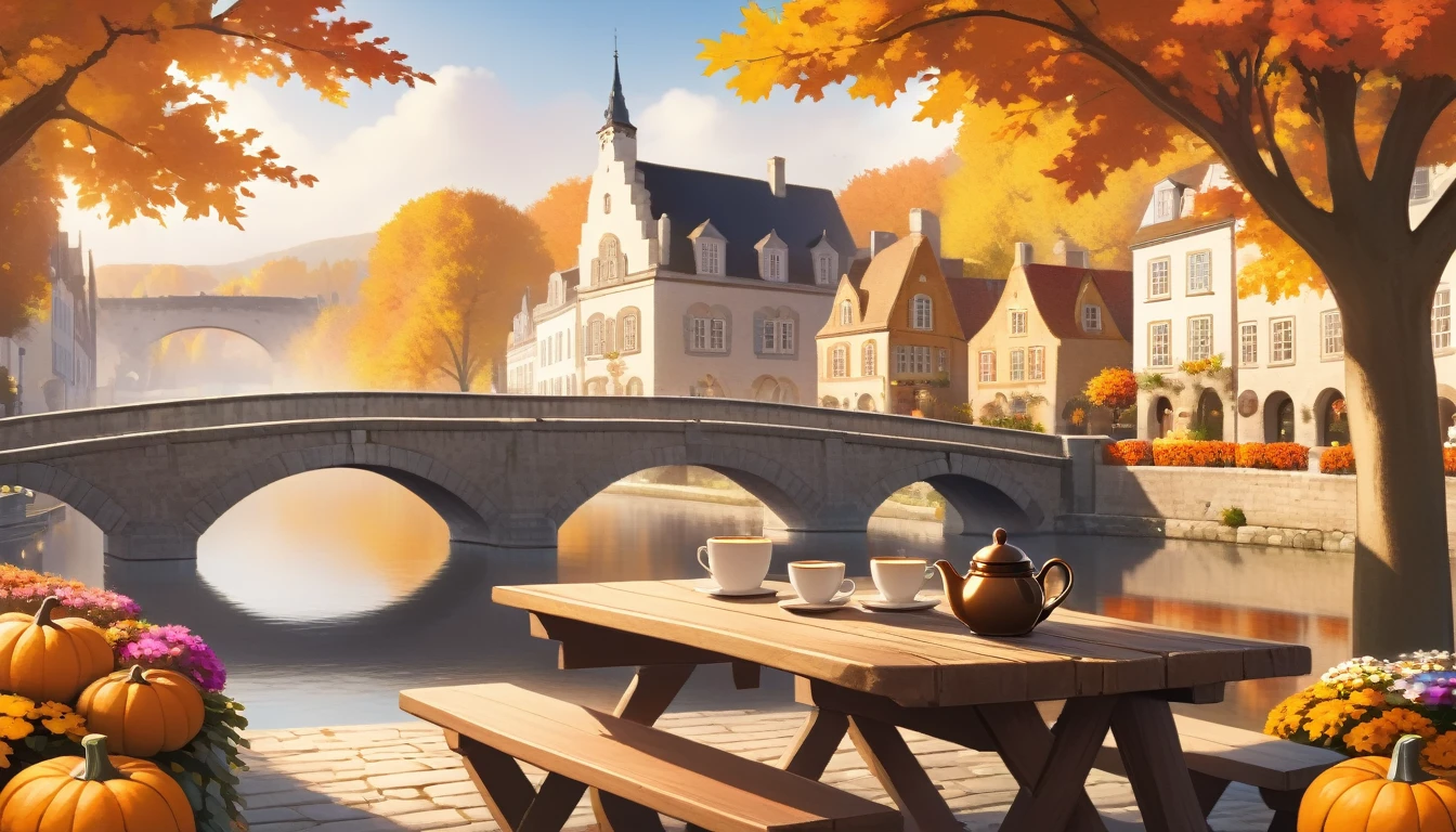 A serene autumn scene in a European town. The setting includes a stone bridge arching over a calm river, with classic architecture lining the banks. Focus on The foreground features a wooden table adorned with an oversized steaming cup of coffee, flanked by vibrant autumn flowers and pumpkins, suggesting a cozy, warm atmosphere amidst the changing leaves of fall.