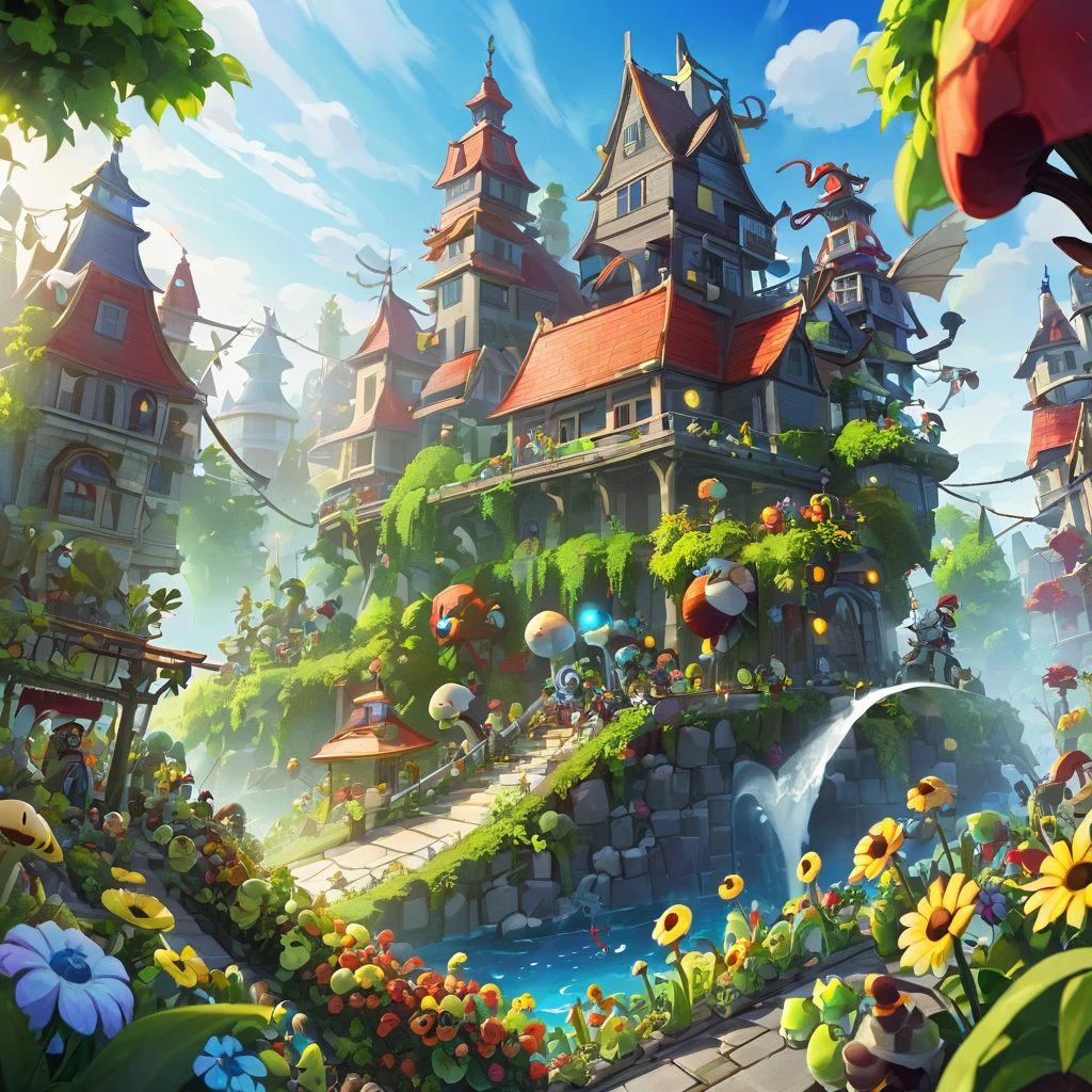 (Plants vs. Zombies), city, zombie, plant, Fantasy, magic, mystery, fairy tale, Colorful, war, Epic, city壁, cityの守り, creative, light, Fantasy, magic使い, Dragon, forest, adventure