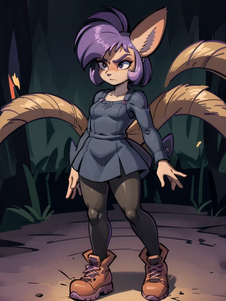 A dark anthro bandicoot girl with purple hair, wearing a dark dress, skirt, tights, and combat boots,