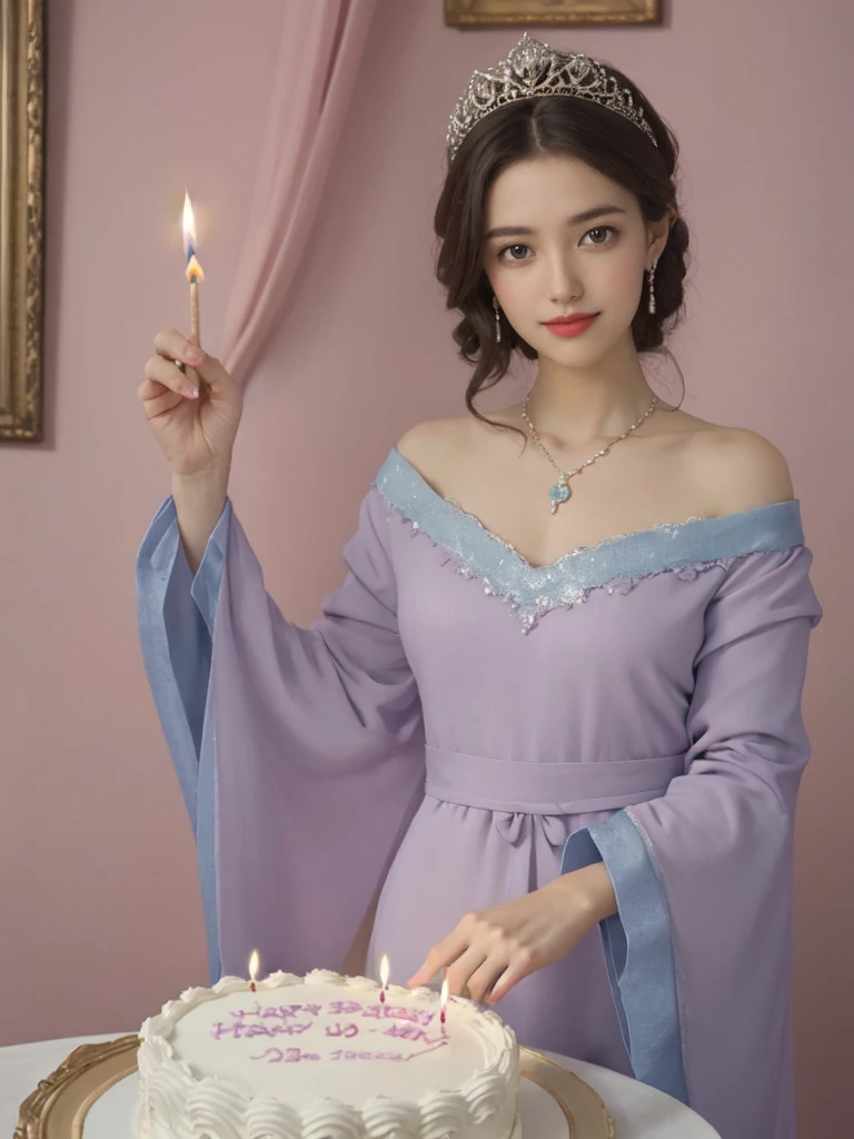 create a magical moment of an Araffe woman holding a pastel with a candle with the number "30" in front of it. In front of the pastel, on the birthday cake there is the writing "happy birthday diana marsela" in detail. holding birthday pastels. she was dressed like a princess