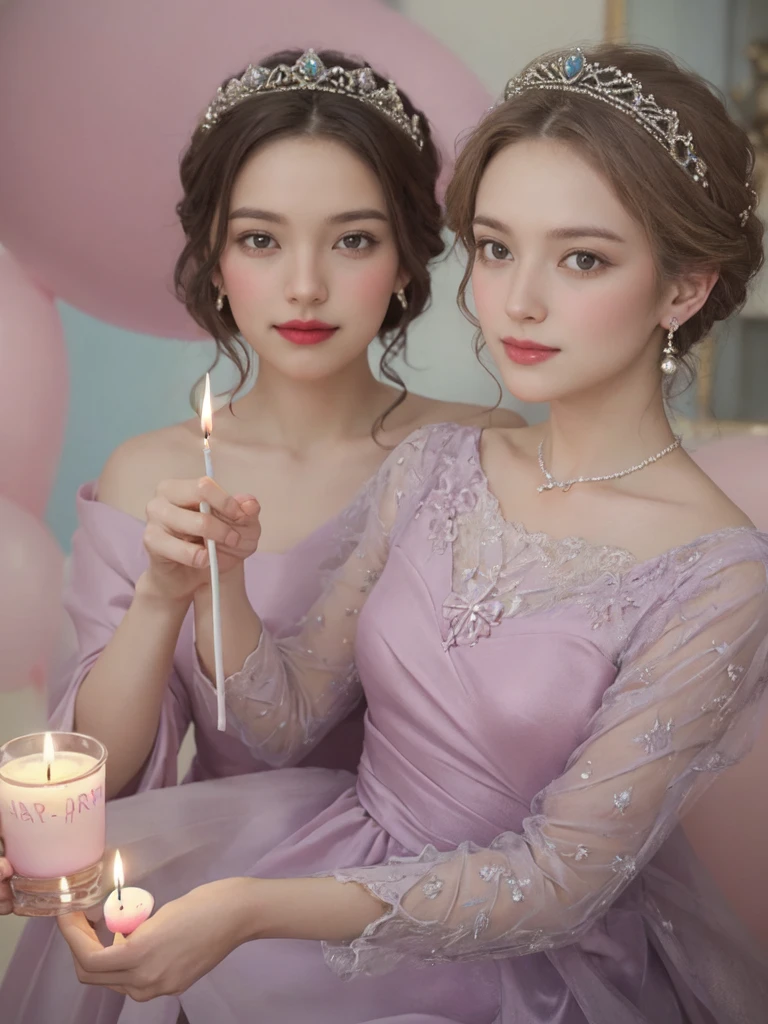 create a magical moment of an Araffe woman holding a pastel with a candle with the number "30" in front of it. In front of the pastel, on the birthday cake there is the writing "happy birthday diana marsela" in detail. holding birthday pastels. she was dressed like a princess
