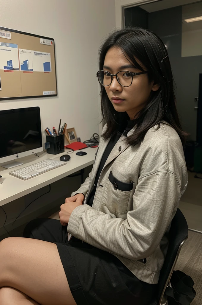 Asian , Singaporean,man,27 years , black , medium length hair, round glasses , casual clothing , red jacket, sits against the background of an office space and charts,Opposite MacBook,Realism,эпик Realism