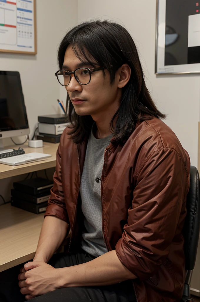 Asian , Singaporean,man,27 years , black , medium length hair, round glasses , casual clothing , red jacket, sits against the background of an office space and charts,Opposite MacBook,Realism,эпик Realism